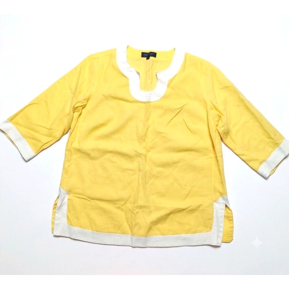 Jones New York Signature Woman Yellow 100% Linen Tunic Top White Trim Size 1X
